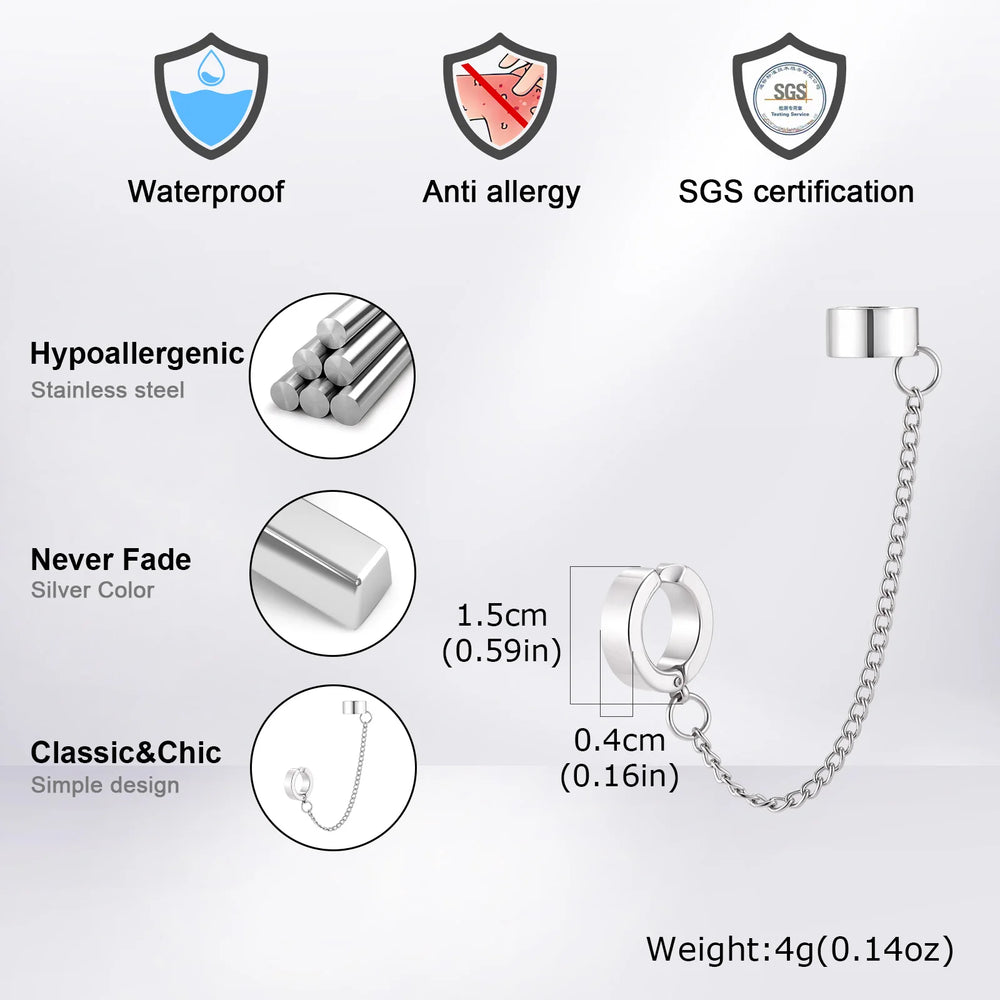 1pc Clip Earrings with Chain Stainless Steel for Women Men Punk Tassel Hoop Ear Cuffs alternate view