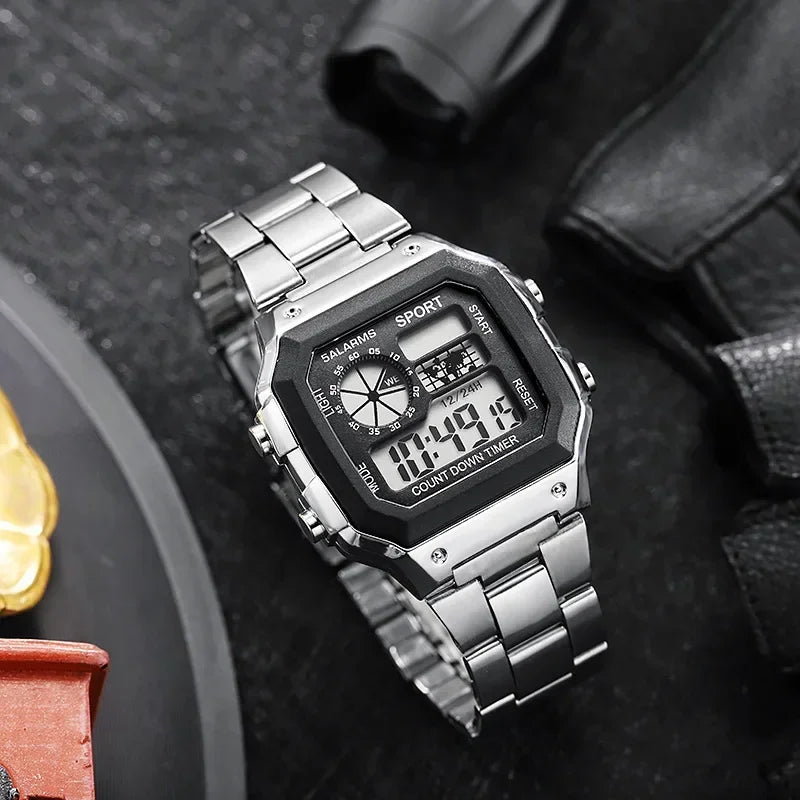MAYZHISU Classic Men's Digital Watches Luxury Stainless Steel Strap Sport Watches Men close-up view