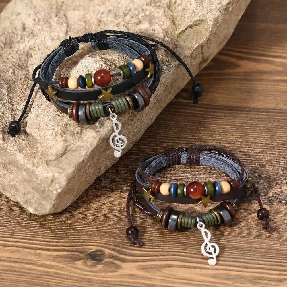 Handmade Hippie Design Brown Leather Bracelet Women Metal Star Note Charms Wood Butto alternate view