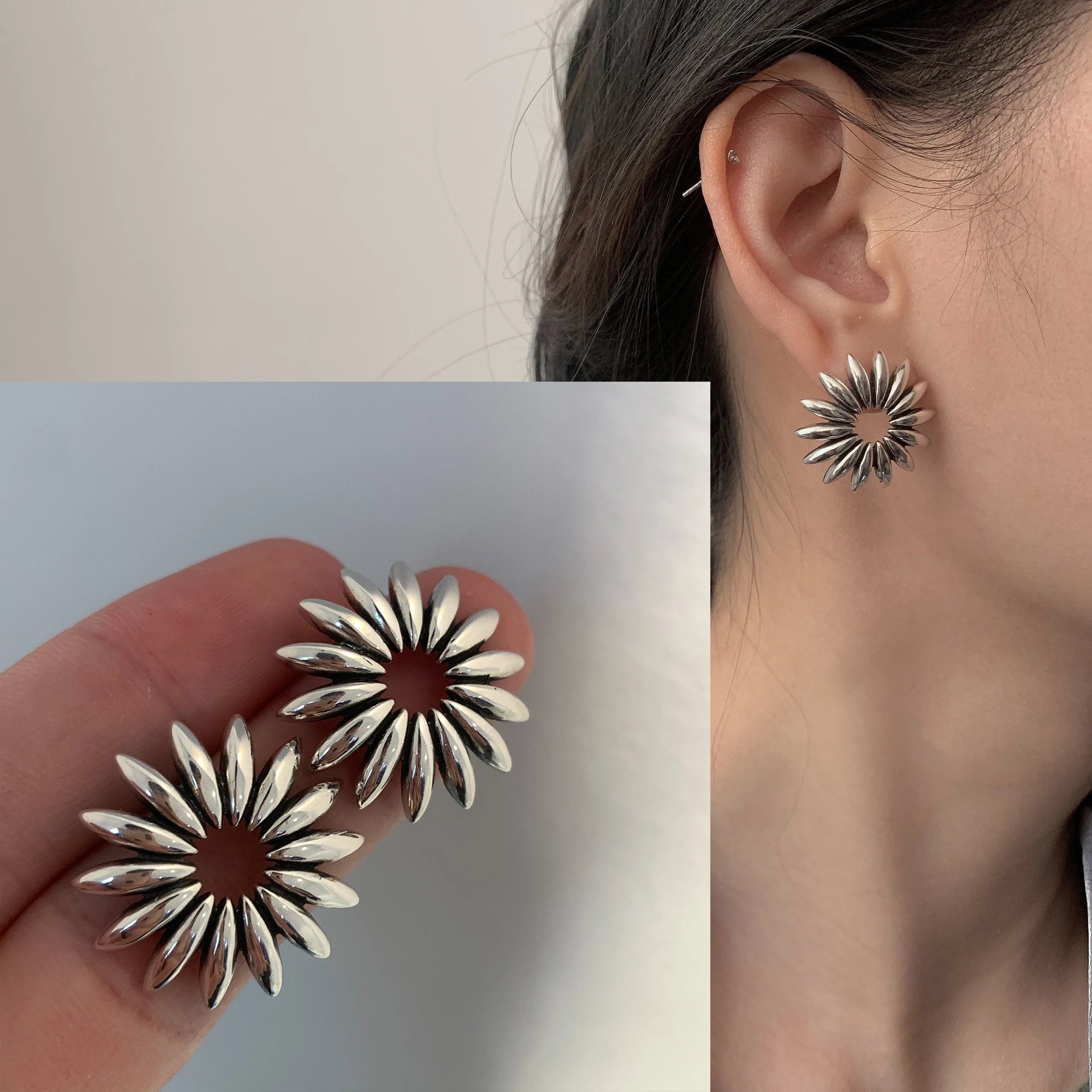 PANJBJ925 Sterling Silver Frosting Hoop Earrings For Women Texture Geometry Design Trend detail view
