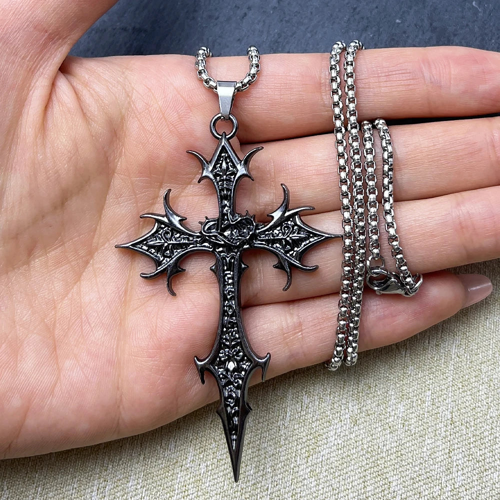 Gothic Double Sided Cross Pendant Necklace | Niche Hip Hop Punk Jewelry detail view