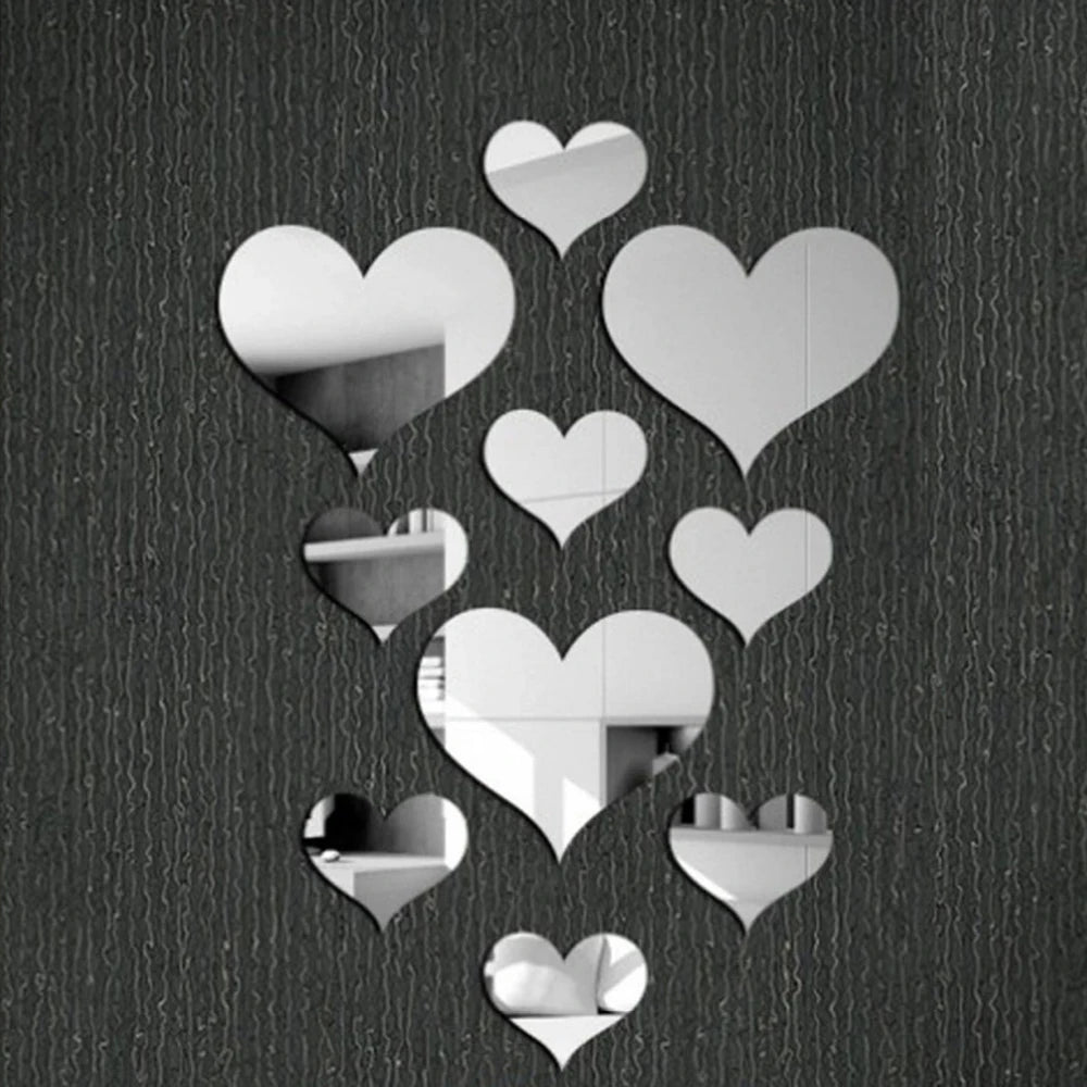 10Pcs Acrylic Love Heart Wall Stickers | Mirror 3D Decals for Home Decor close-up view