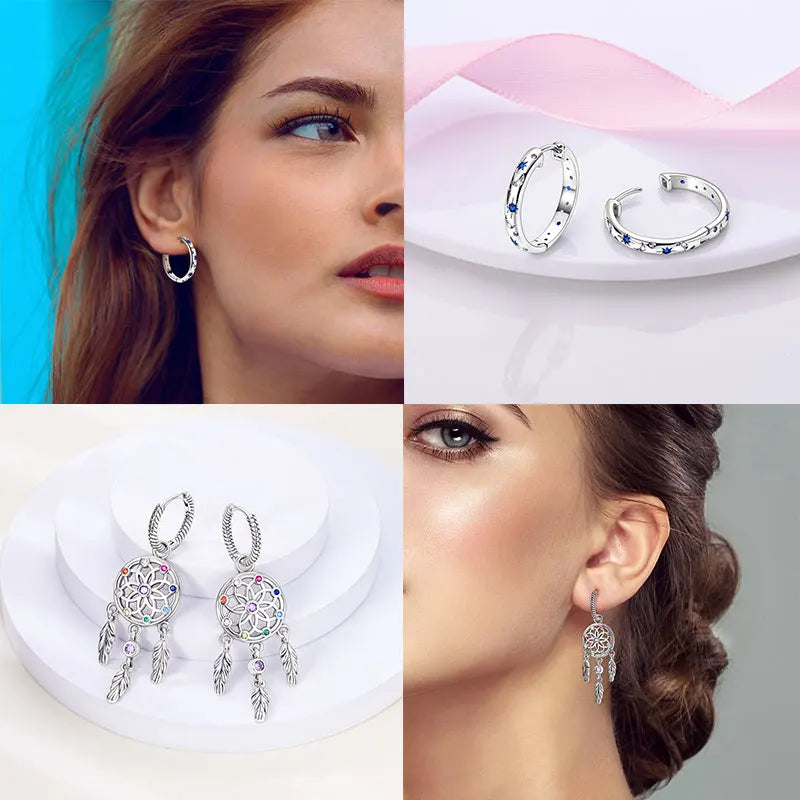 Hot Classic Original 925 Sterling Silver Earrings Colorful Circle Hoop Earrings For W lifestyle view
