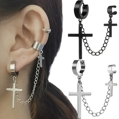 EVISPOL Gothic 2 Punk Cross Tassel Fake Earrings Cuff Clip On Metal Chain Earrings Hip-hop No Pierci