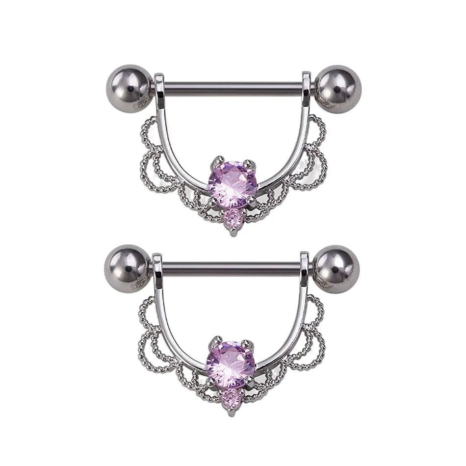 2pc 16G 14G Titanium Barbell CZ Zircon Nipple Shield Jewelry Women Anti-allergic Body close-up view