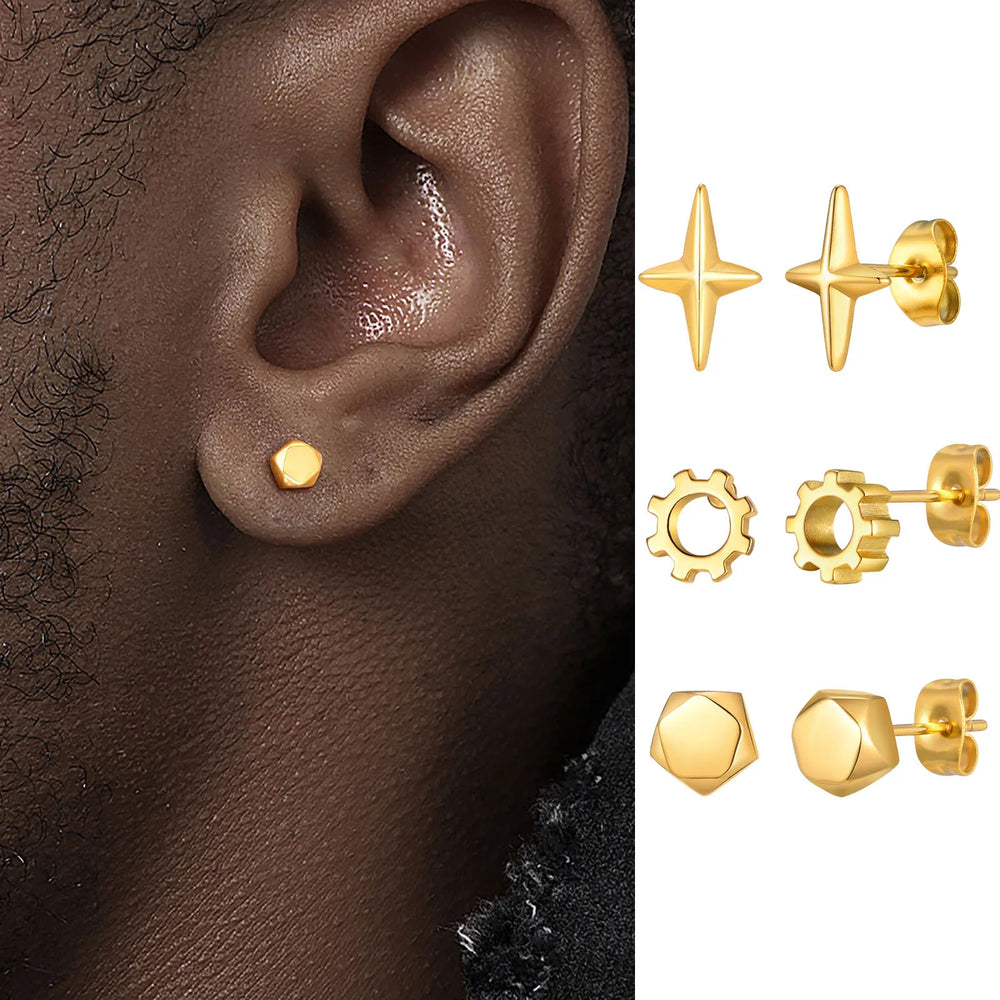 Gold Color Stud Earrings for Men Boys,Anti Allergy Stainless Steel Small Earrings,Hip Hop Simple Jew