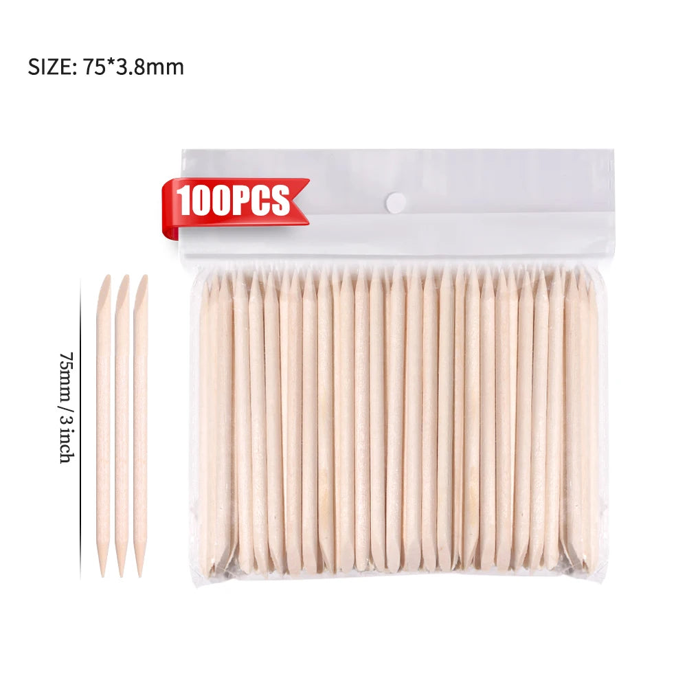 100PCS Cuticle Pusher Remover Nail Art Tools Beechwood Stick Sticks Rhinestones Picke alternate view