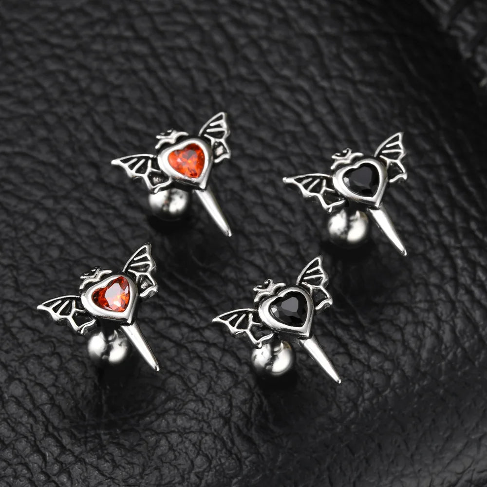 Stainless Steel Heart Zircon Wings Stud Earrings | Unisex Vintage Punk Gothic Jewelry detail view