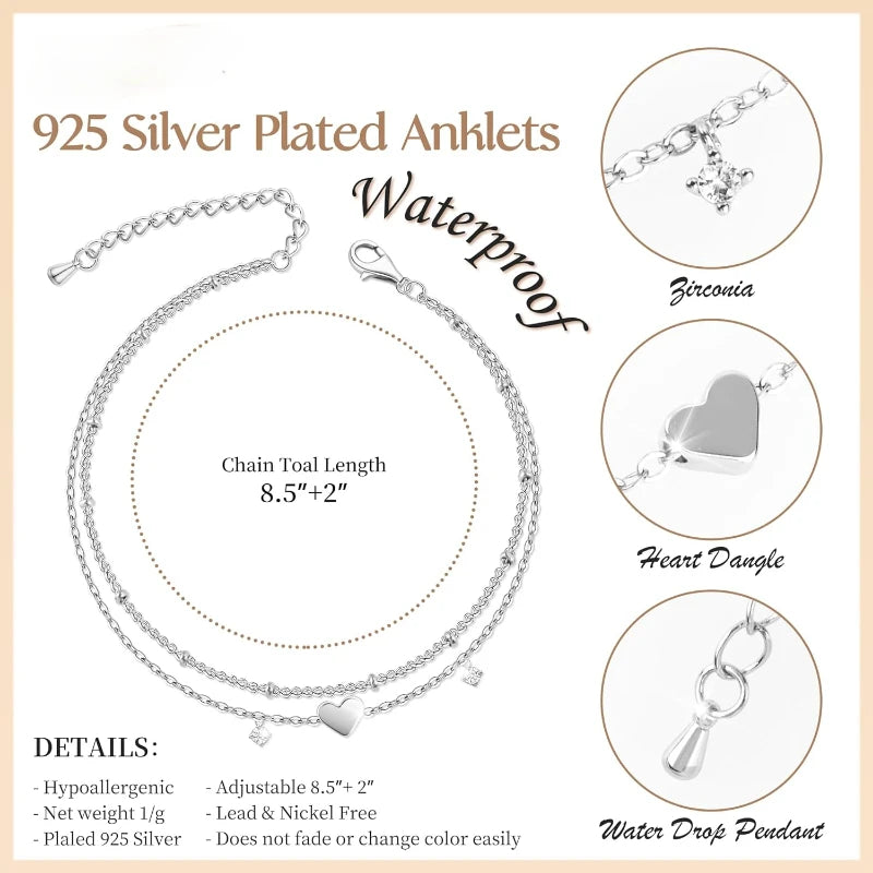 925 Sliver Plated CZ Anklet Bracelets for Women Girl Trendy New Waterproof Heart Char alternate view