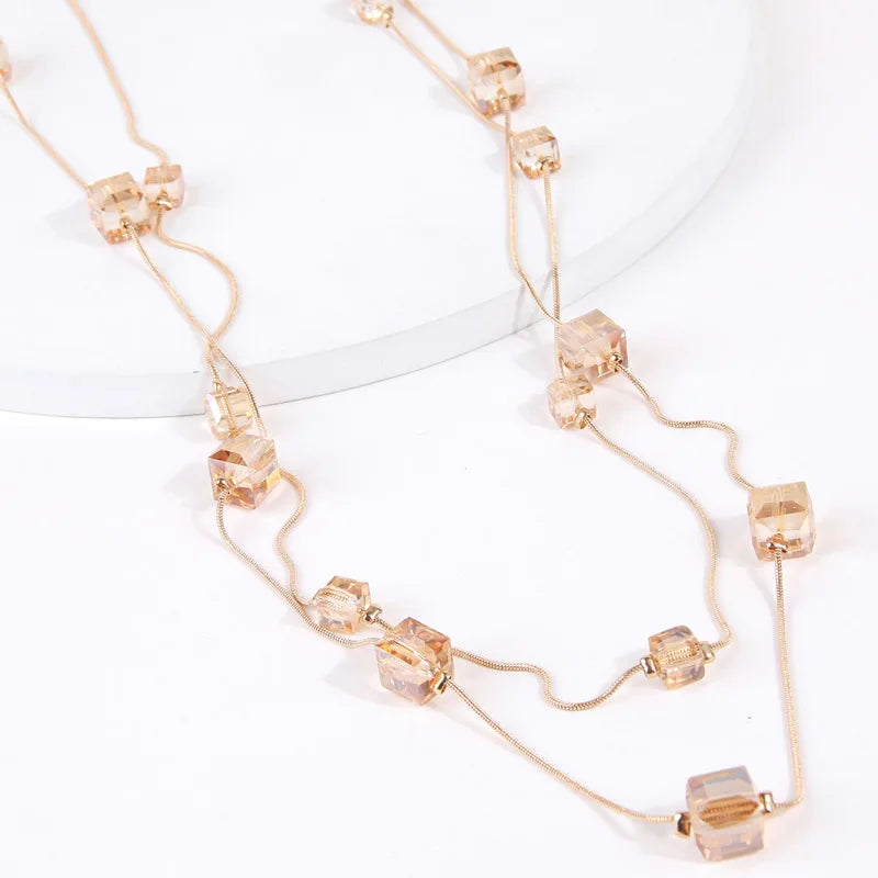 Gold Square Bead Sweater Chain Necklace | Double Layer Glass Pendant Jewelry for Wome lifestyle view