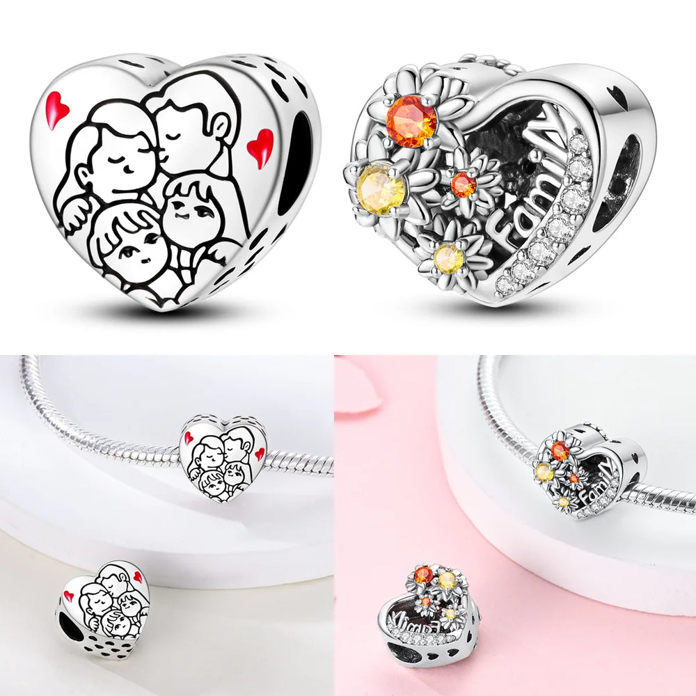 925 Sterling Silver Happy Family Charms Bead Zirconium Family Love Dangle Fit Origi additional angle