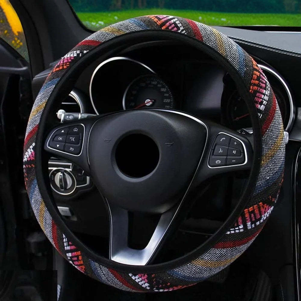 Ethnic Style Elastic Car Steering Wheel Cover No Inner Ring Suitable for 15inch Cars lifestyle view