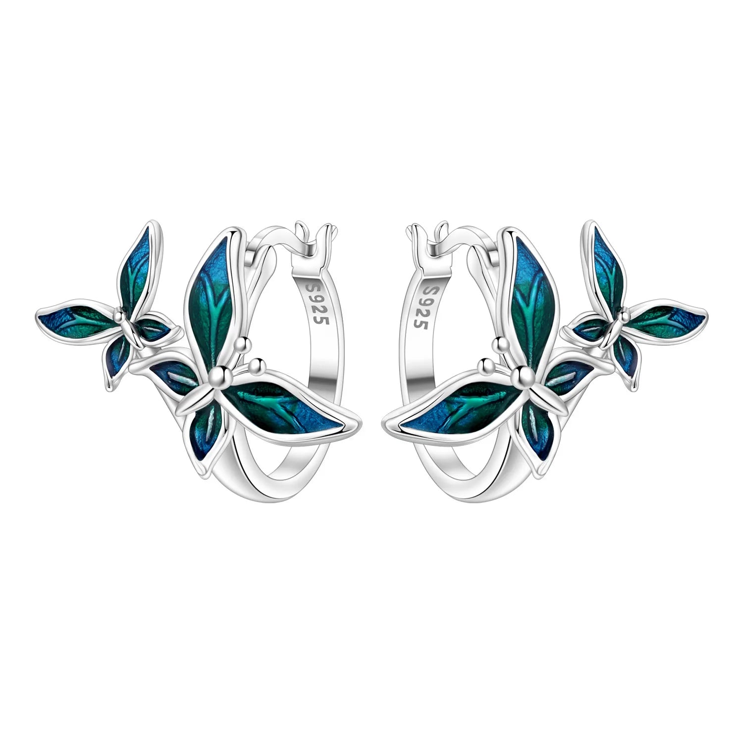 PANPOKI Original 925 Sterling Silver Double Butterfly Insect Earrings Women Hoop Earring detail view
