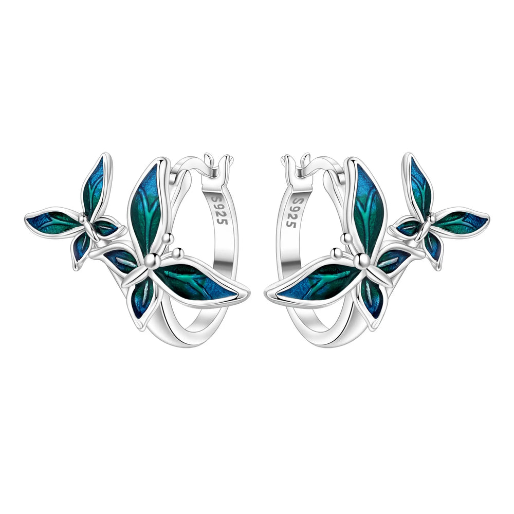 PANPOKI Original 925 Sterling Silver Double Butterfly Insect Earrings Women Hoop Earring detail view