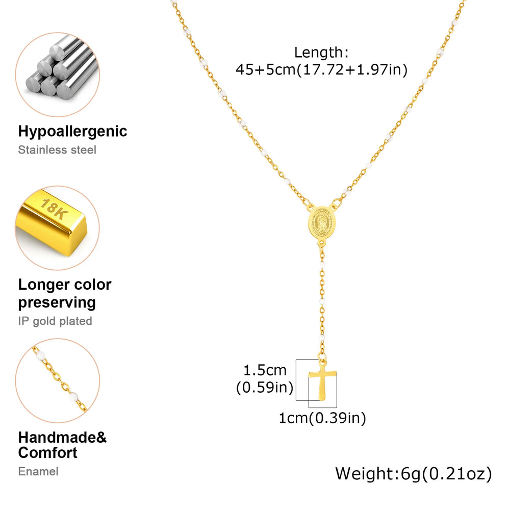 Stainless Steel Rosary Virgin Cross Drop Y-shaped Necklace,Women's White Rice Bead additional angle