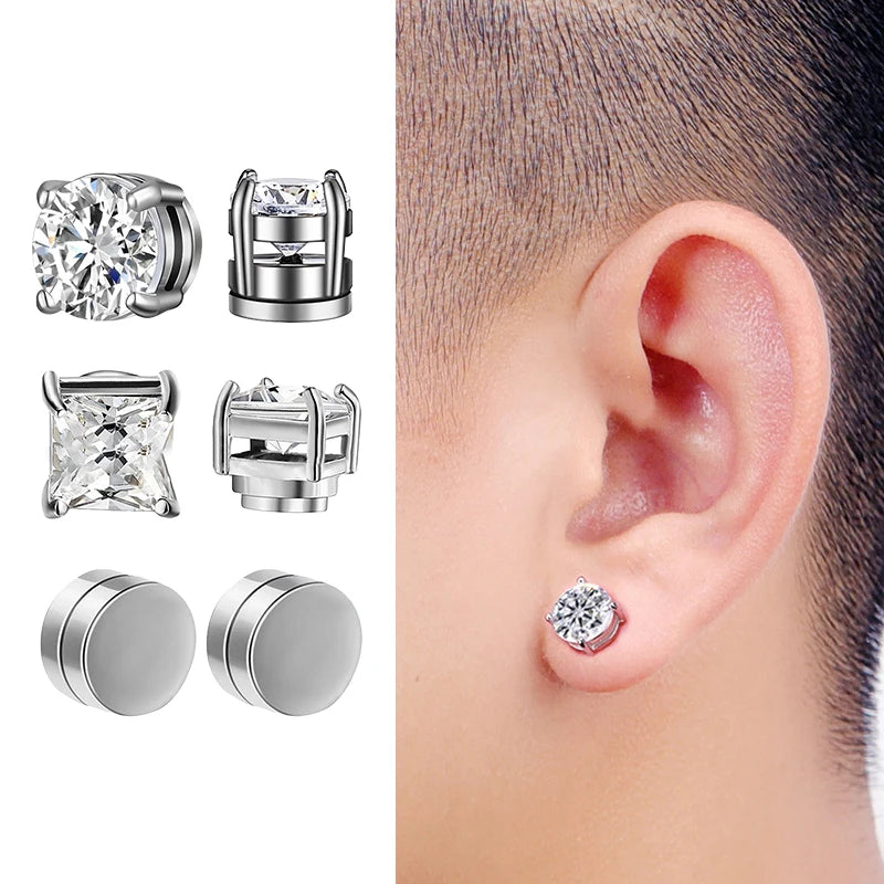 3 Pairs Punk Round Zircon Magnet Earrings Crystal Strong Magnetic Ear Stud Clip Earrings for Men and