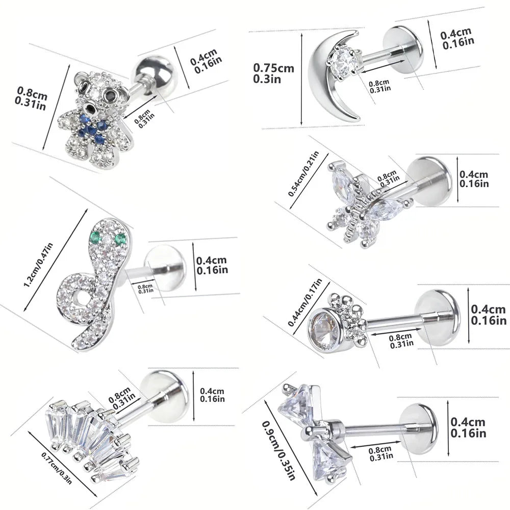 Stainless Steel Ear Studs - Micro Paved Zirconia Cartilage Earrings, Delicate Minimal alternate view