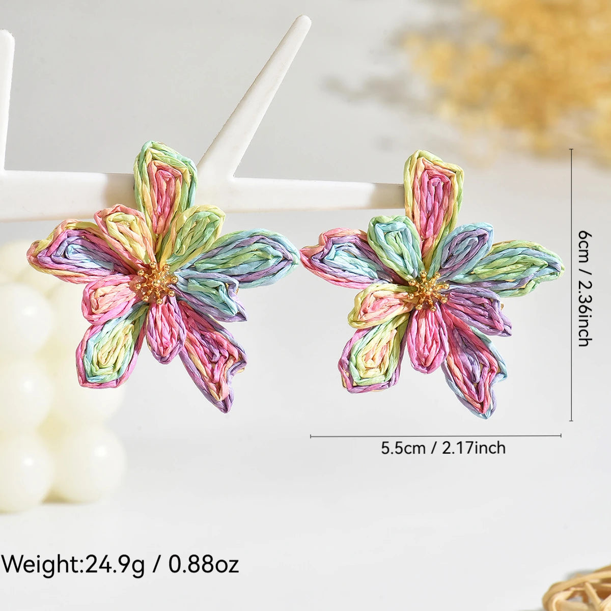 Boho Handmade Raffia Flower Earrings | Unique Summer Floral Drop Earrings for Women detail view