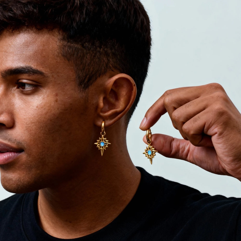 Moonstone Stainless Steel Hoop Earrings for Men | Waterproof Hip Hop Jewelry Gift close-up view