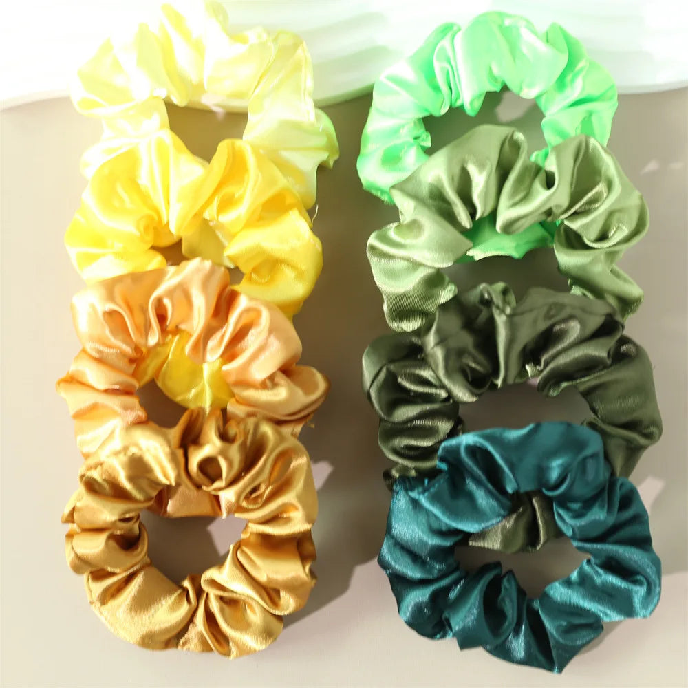 8Pcs/set Bright Color Silk Hair Scrunchies Women Y2K Solid Color Elastic Hair Bands Po close-up view