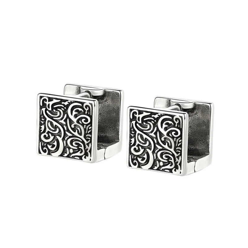 Vintage Ethnic Thai Silver Square Hoop Huggie Earrings for Women Men Chic Pattern Square Earring Hip Hop Rock Rap Cool Jewelry