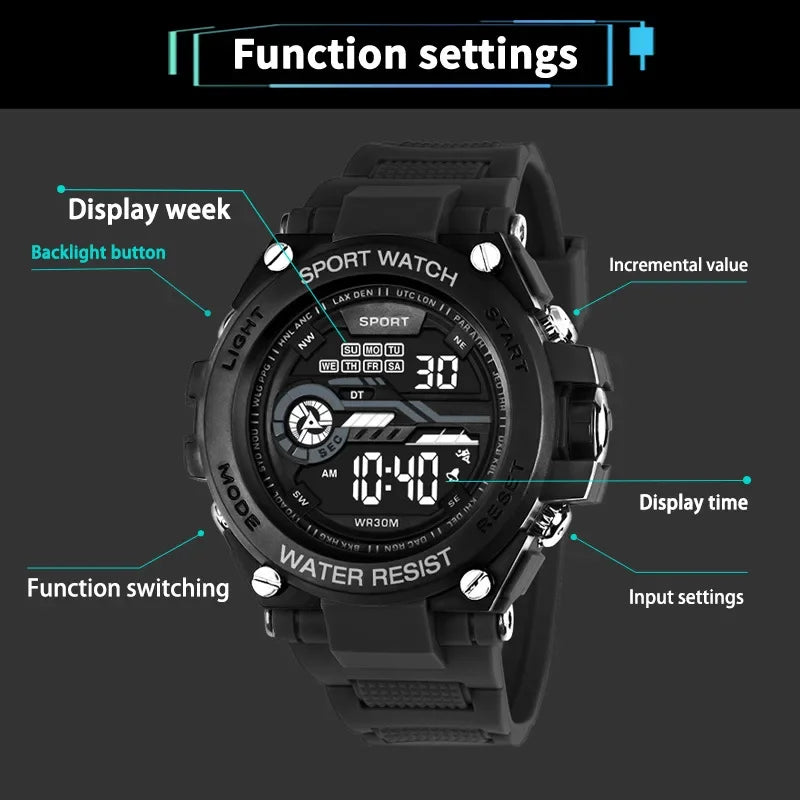 YIKAZE Men's Sports Watch Waterproof Man Sport Watches Multifuction LED Digital Milita close-up view