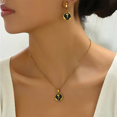 Fashion Gold Plated Jewelry Set - Black Enamel Rose Pendant Necklace and Earrings, Minimalist Style