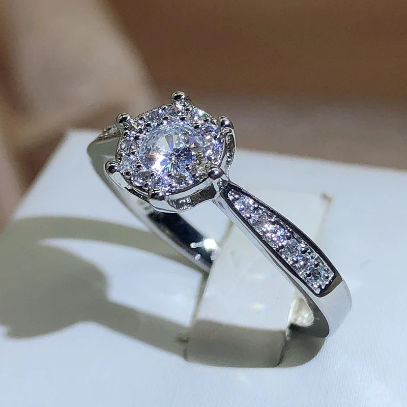 New Fashion Jewelry Zircon Round Wedding Rings For Women Girl 925 Stamp Six-claw Full lifestyle view