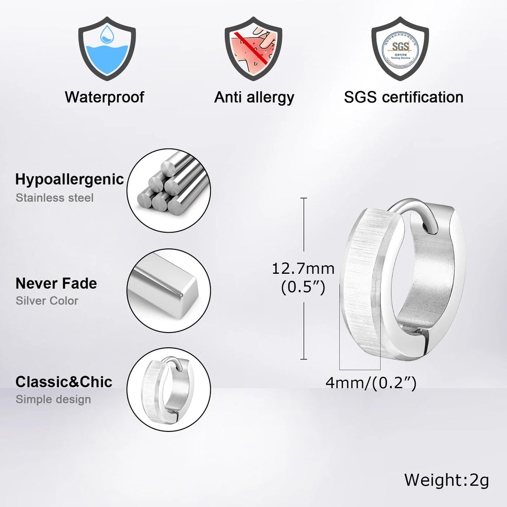 Stainless Steel Hoop Earrings for Men | Brushed Silver Small Hoops close-up view