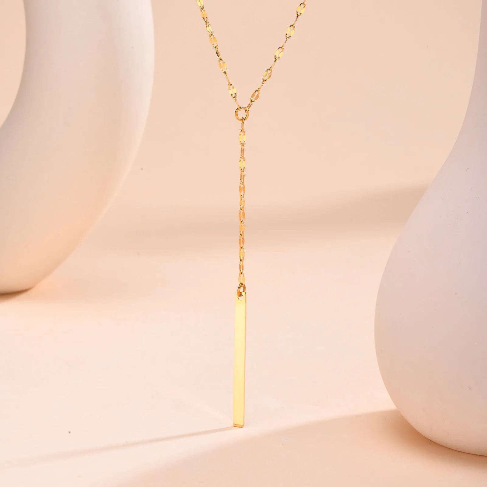Drop Y Lariat Necklace with Bar Pendant, Stainless Steel Long Chain, Womens Necklaces close-up view