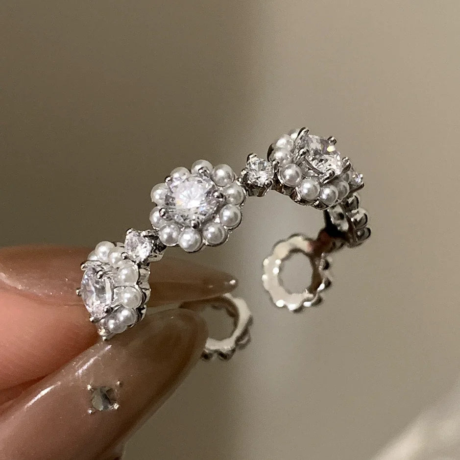 VENTFILLE 925 Sterling Silver Flower Lace Ring Korean Fashion Opening Inlaid CZ Adjus alternate view