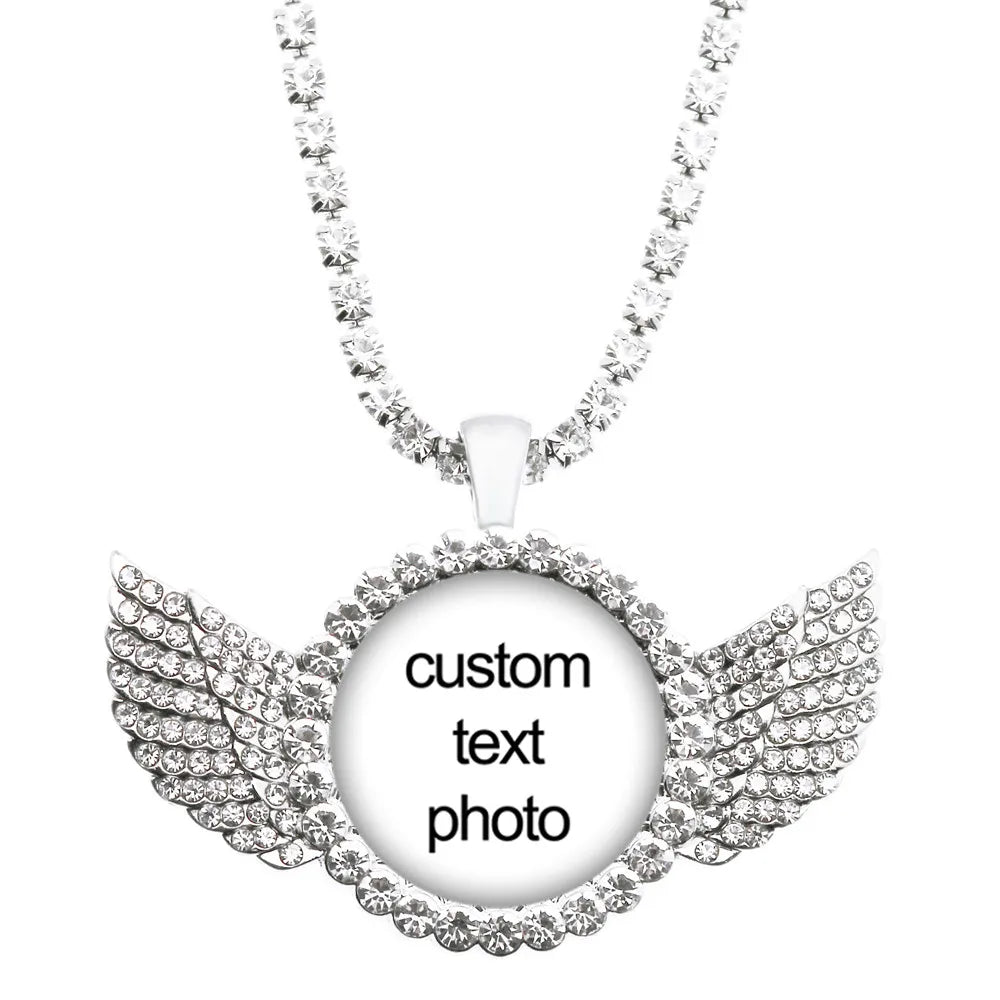 Custom Photo Necklace Crystal Angel Wing Personalized Glass Cabochon Pendant Necklace Ba detail view