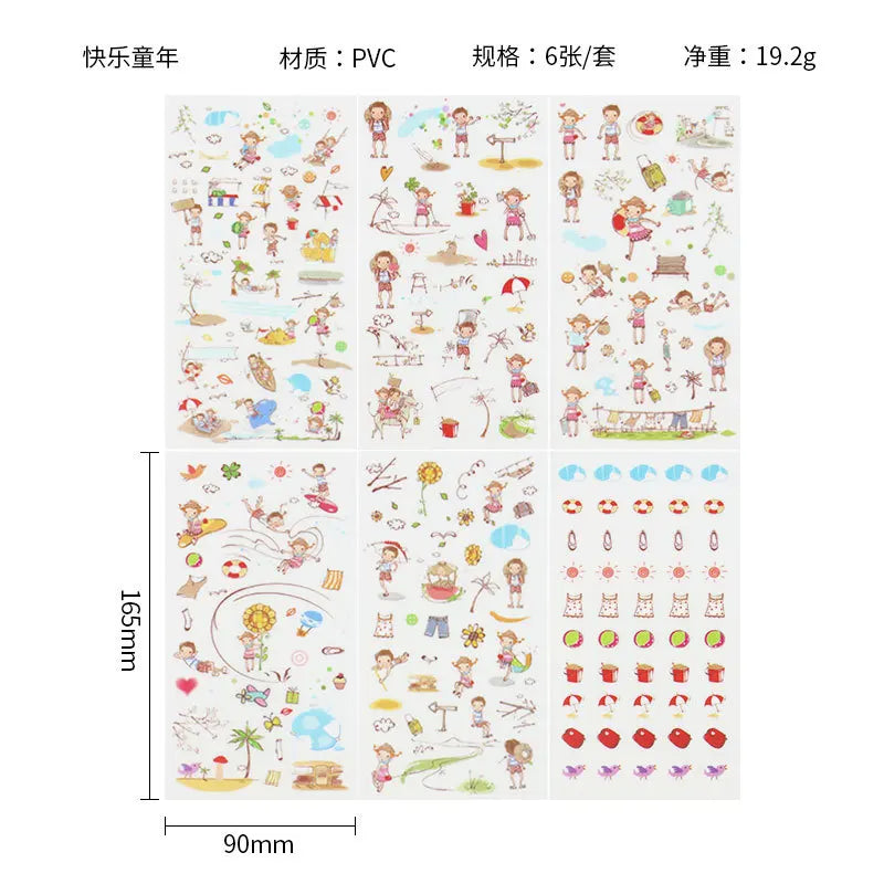 6Pcs Waterproof Cartoon Sticker Set | Cute DIY Decals for Laptops, Phones, and Planner close-up view