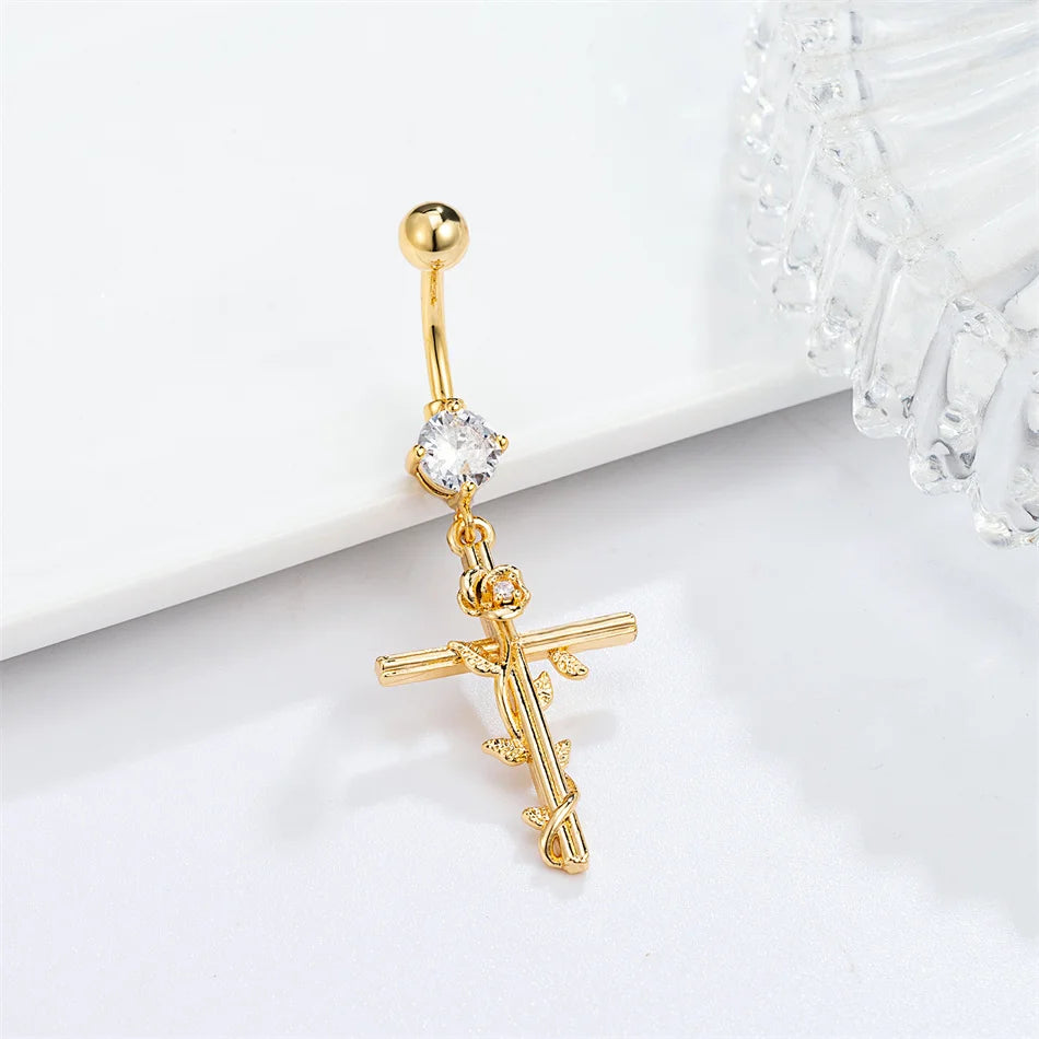 Internal Thread Titanium Navel Rings Dangle CZ Cross Jesus Mother Golden Belly Piercin close-up view