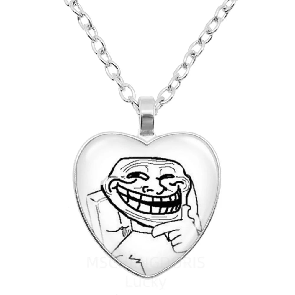 Rage Comic Necklace Derp Face Trollface Funny Meme Cartoon Glass Heart Shape Pendan additional angle