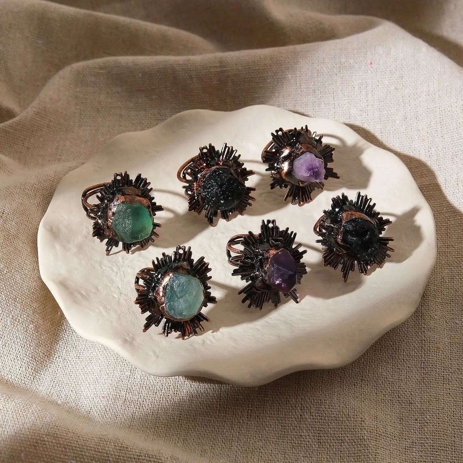 Irregular White Quartz Point Beads Bronze Handmade Rings Jewelry Women Natural Stone A close-up view