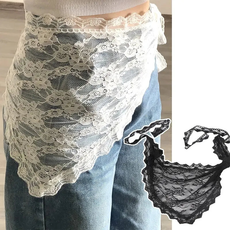 Y2K Women Lace Flower Elegant Skirt Stacked Belt Flower Sweet Triangle Scarf Breathable Travel Photo