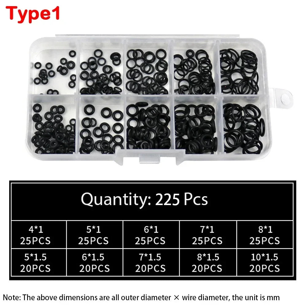 Rubber O Ring Set | 200/225pc Nitrile Seal Gasket Repair Kit close-up view