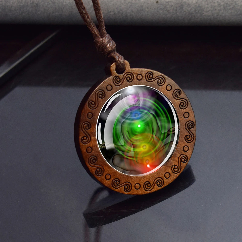 7Chakra Symbol Necklace Yoga Meditation Glass Dome Vintage Wooden Pendant Rope Chains Ne detail view