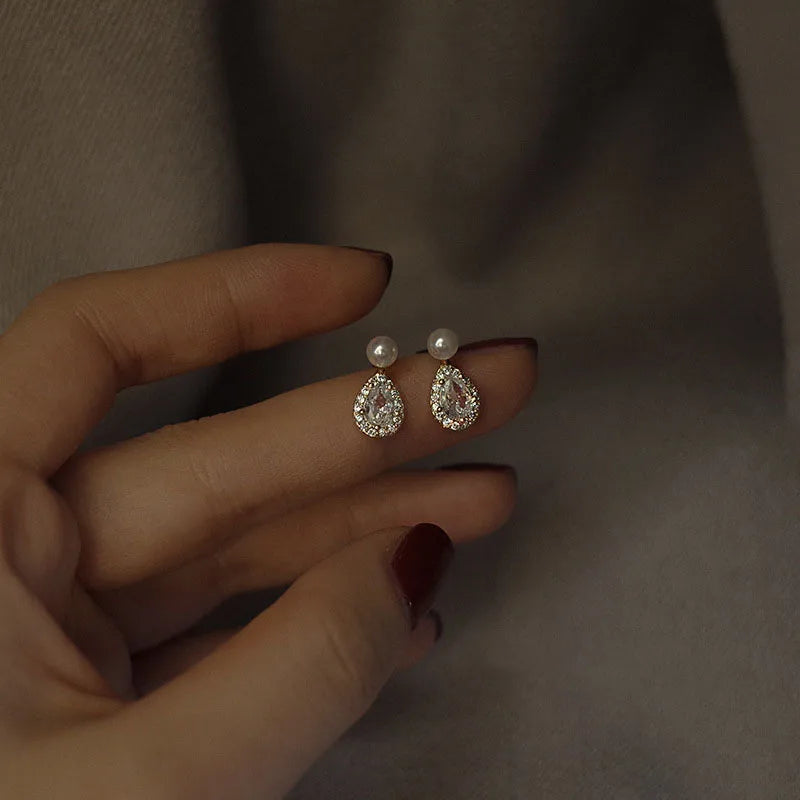 925 Silver Needle Simple Shiny Zircon Earrings Gold Plating Jewelry Crystal Stud Earr lifestyle view