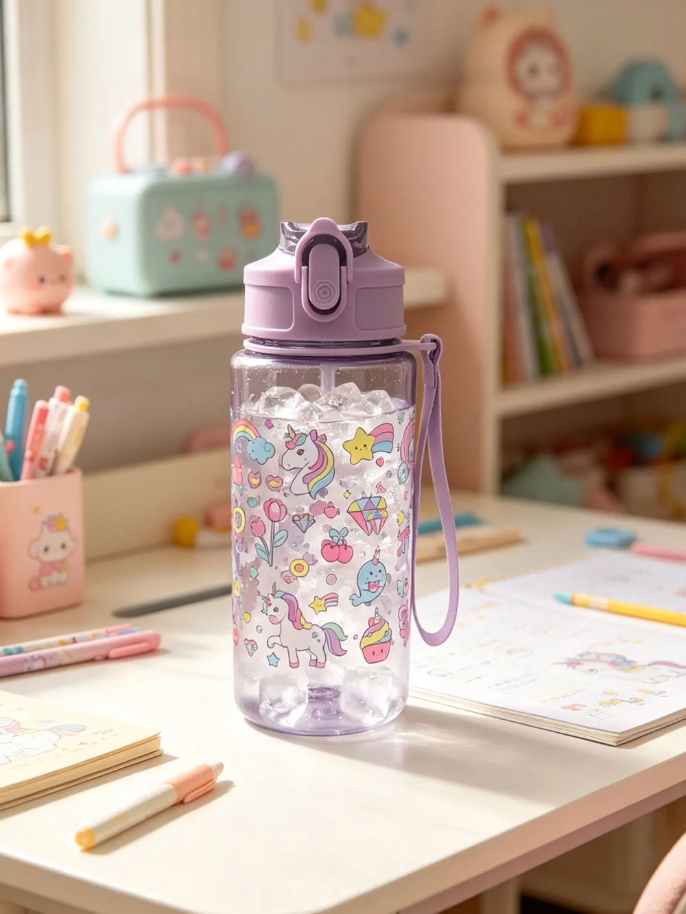 1 Piece 500ml (19 fl oz) Cartoon Printed Straw Cup, Summer Plastic Water Bottle, BPA F close-up view