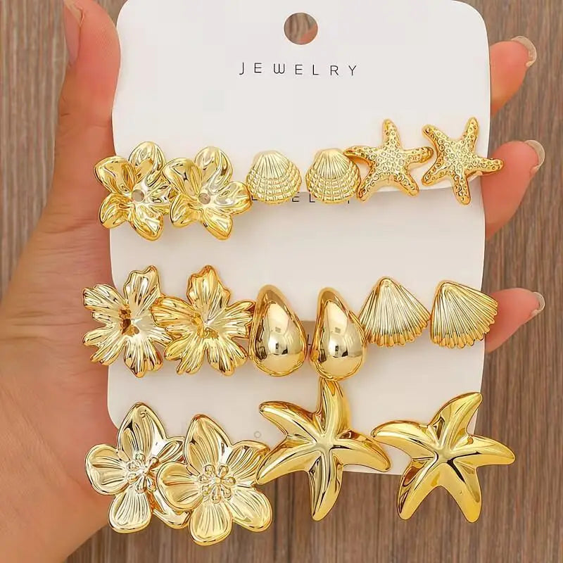 2/3/8 Pairs Golden Bohemian Earring Set, Elegant Stylish Statement Earrings with Flowe close-up view