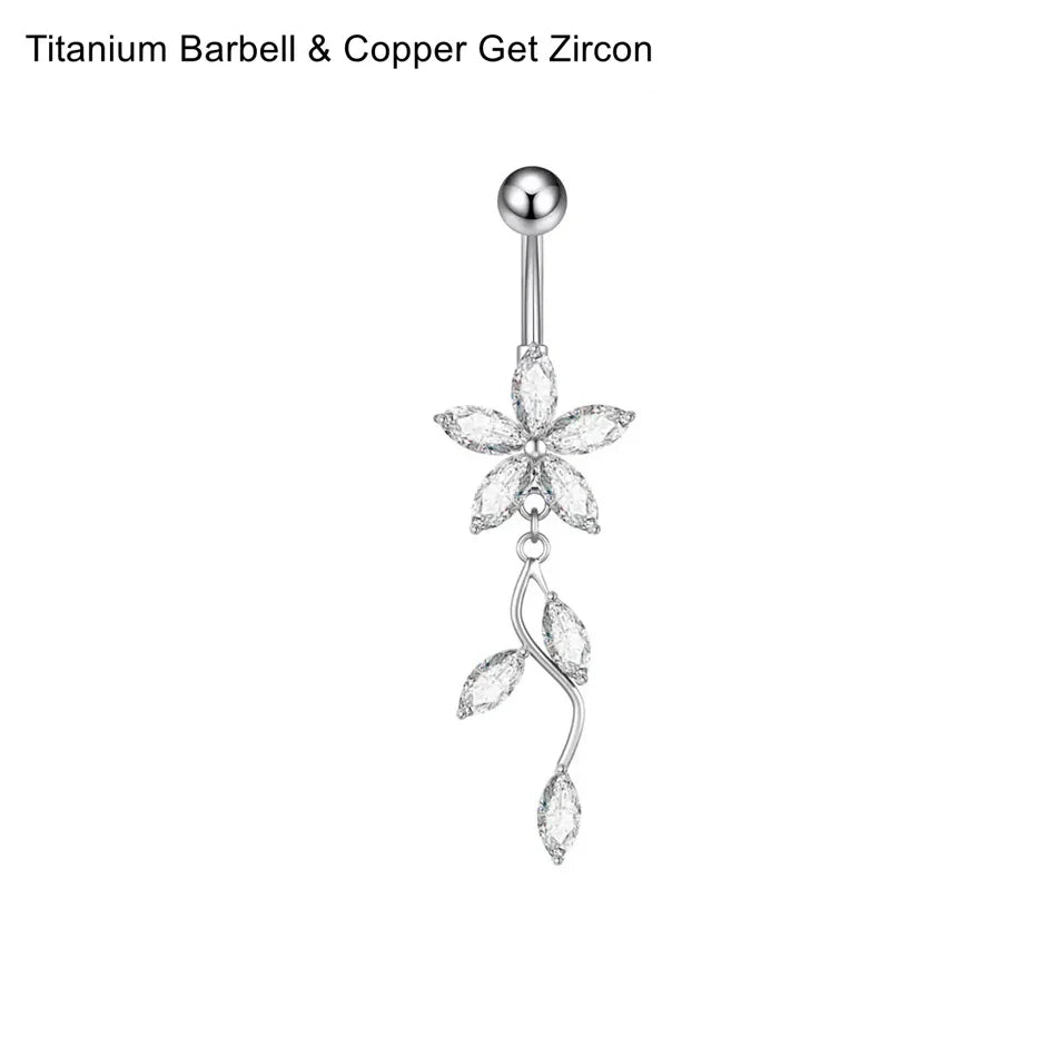 Stainless Steel Dangle Belly Button Ring Crystal Flower with Dangling Marquise Vine T alternate view