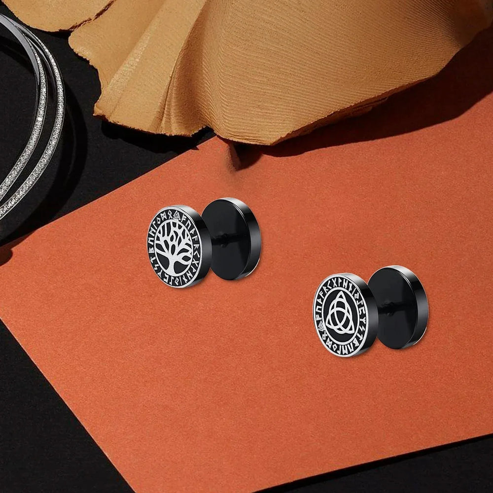 Gothic Norse Viking Runes Stud Earrings for Men | Stainless Steel Punk Jewelry lifestyle view