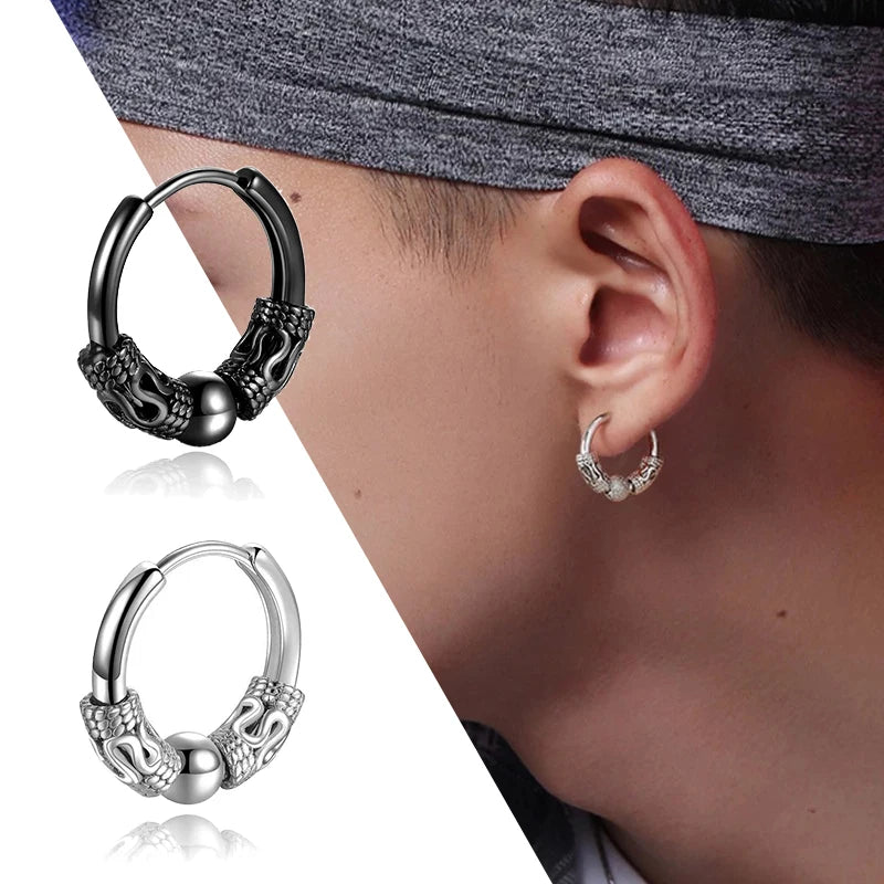 2PC Punk Men's Stainless Steel Hoop Earrings For Women Hip Hop Totem Earring For Men E close-up view