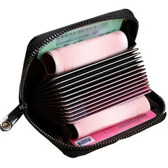 Business Card Holder Wallet | PU Leather Credit Card Case with Zipper Closure close-up view