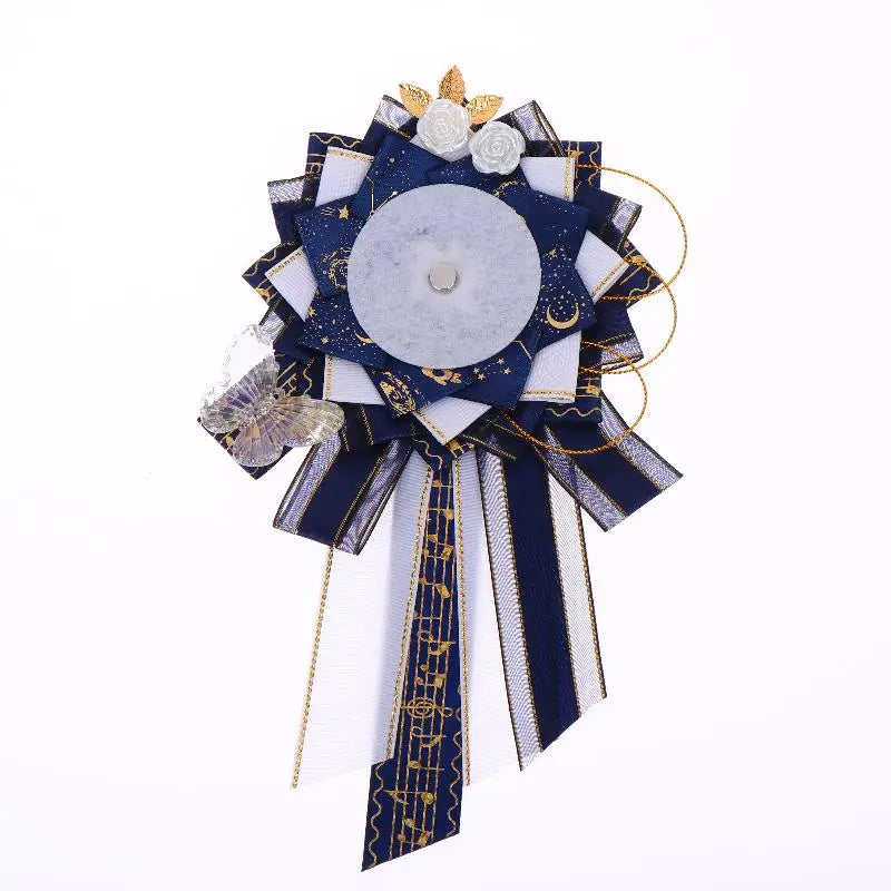 Big Bow Anime Badge Display Rosette With Gold Accents And Butterfly Decor Perfect For close-up view