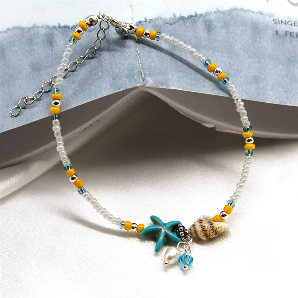 1Pc Boho Turquoise Starfish Anklets Summer Conch Rice Bead Anklet With Adjustable Chai close-up view