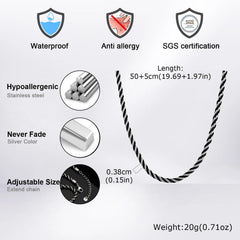 Men's Twisted Chain Necklace | Black Silver Stainless Steel Rope Link close-up view