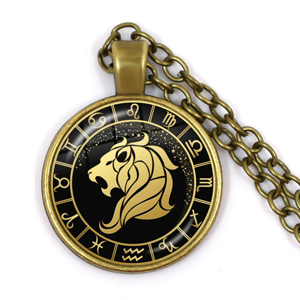 12 Constellation Zodiac Pendant Necklace | Antique Bronze Glass Dome Jewelry close-up view